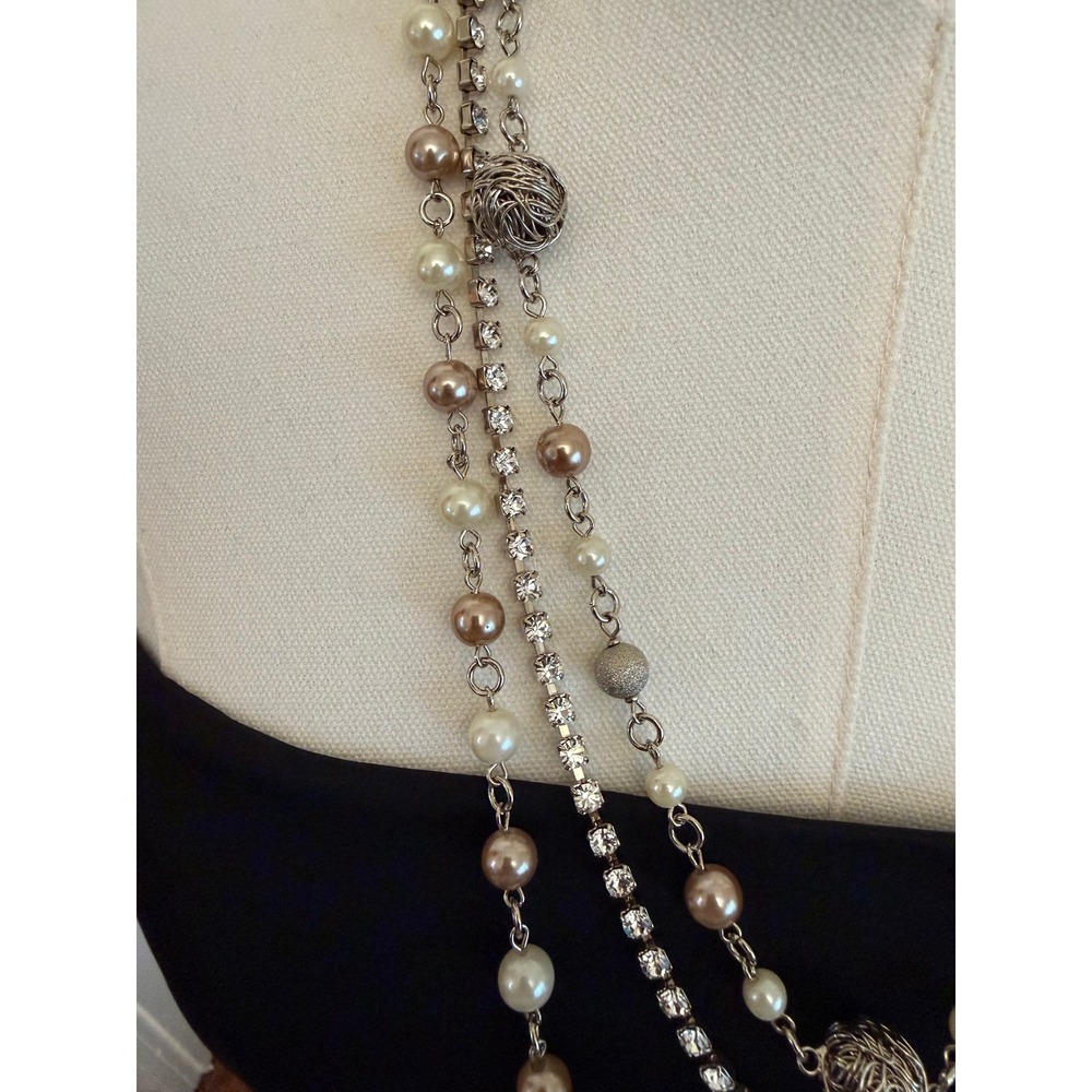 Vintage Y2K Cookie Lee Multi Strand Rhinestone Floating Faux Pearl Necklace - Picture 2 of 4